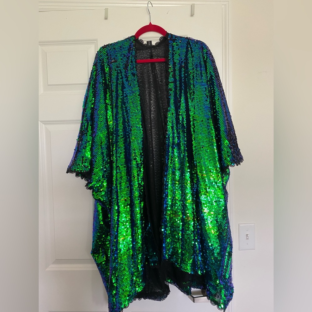 Plus Size Green Peacock Sequins & Lace Kimono/Cardigan